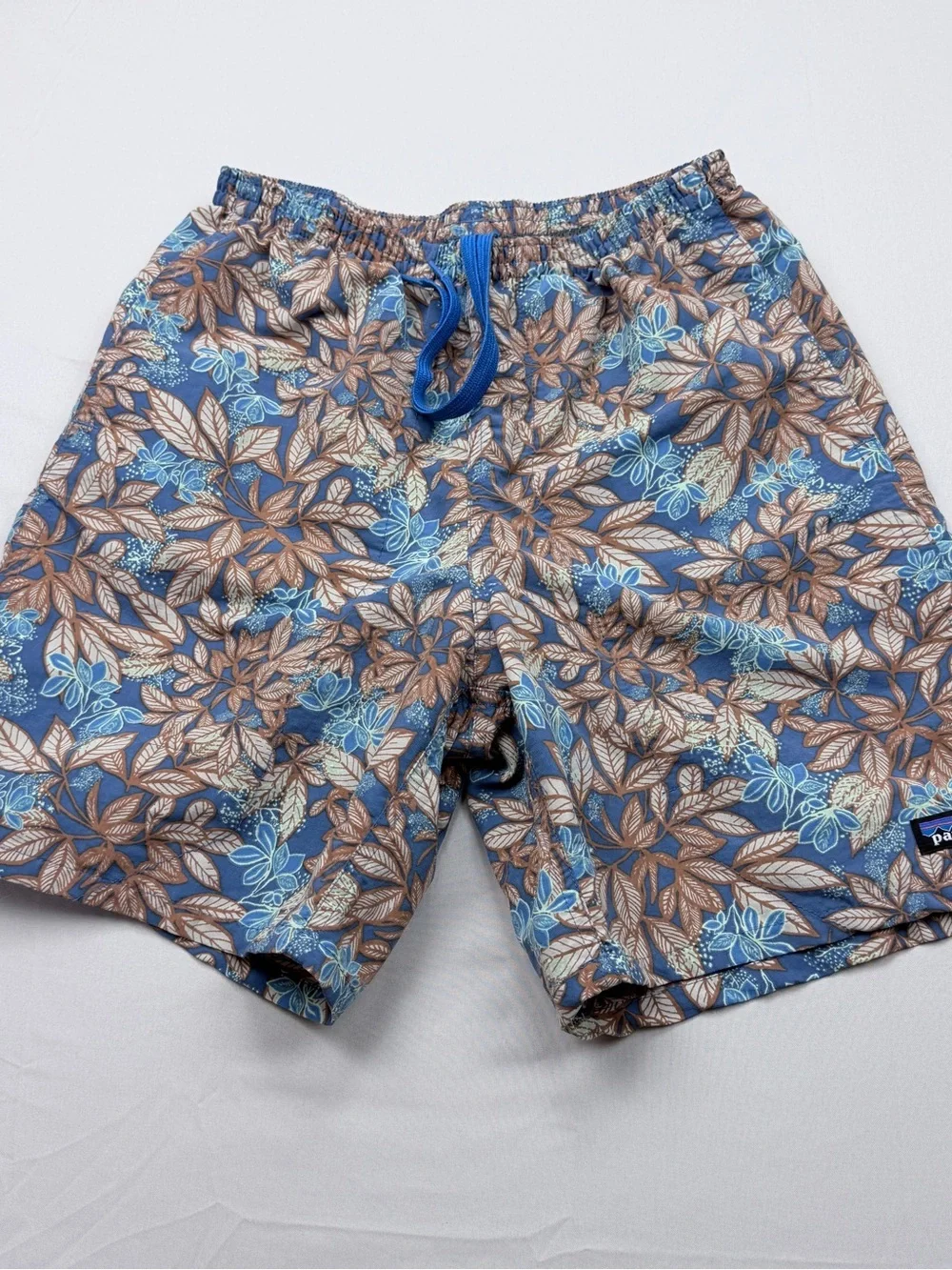 Patagonia Blue and Brown Leaf-Print Swim Trunks